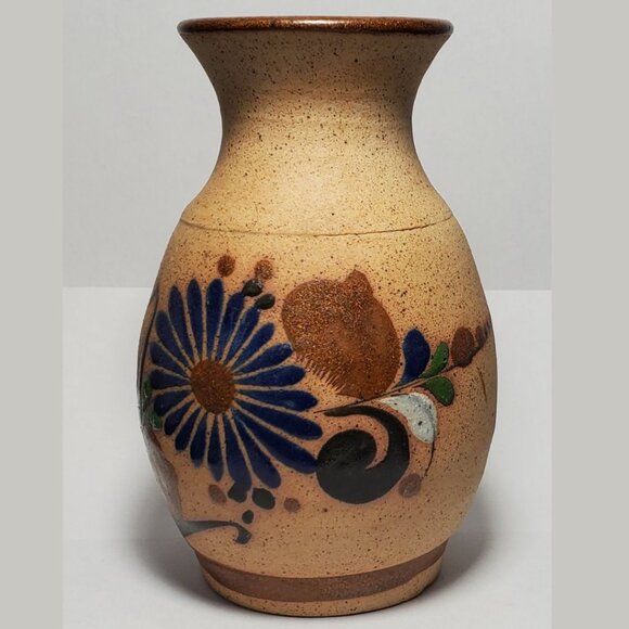 Vintage Tonala Hand Painted Mexican Floral Sandstone Pottery Vase Singed S MEX - Picture 2 of 7